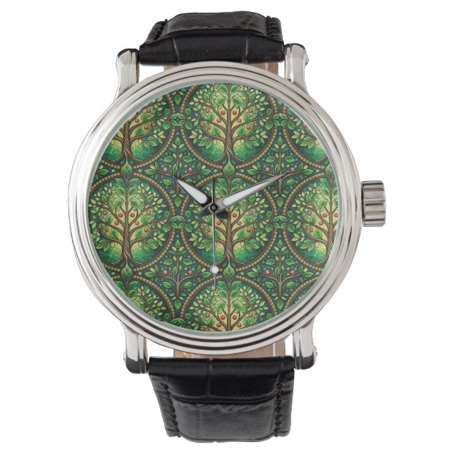 Montre argentée avec design d'arbre complexe  (devant)