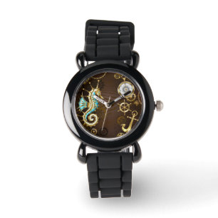 Montre Arrière - plan en bois avec cheval de mer mécaniqu