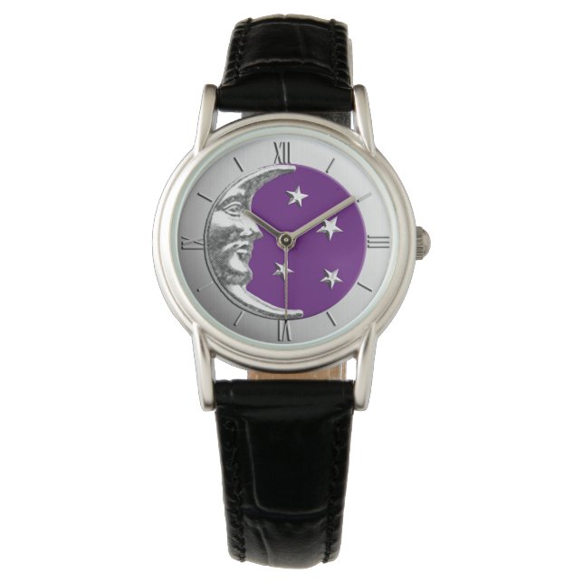 Montre Art Déco Lune et étoiles - Amethyst Purple & Silve (devant)