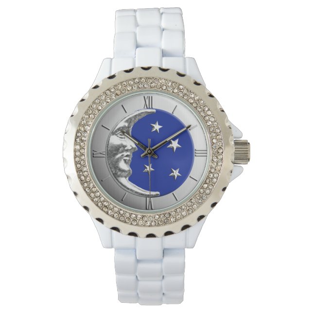 Montre Art Déco Lune et Etoiles - Bleu Cobalt et Argent (devant)