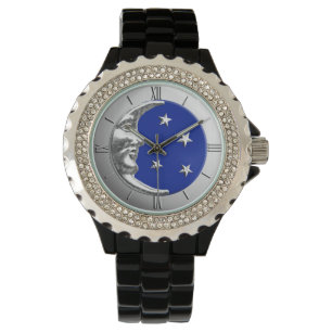 Montre Art Déco Lune et Etoiles - Bleu Cobalt et Argent