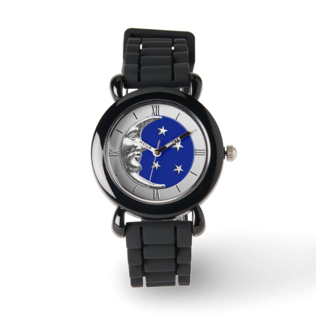 Montre Art Déco Lune et Etoiles - Bleu Cobalt et Argent (Recto)