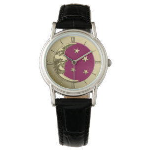 Montre Art Déco Lune et Etoiles - Bourgogne et or