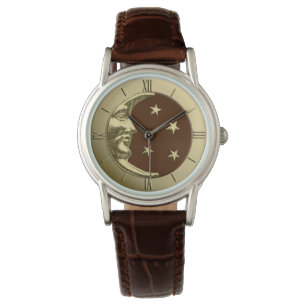 Montre Art Déco Lune et Étoiles - Chocolat Brown & Or
