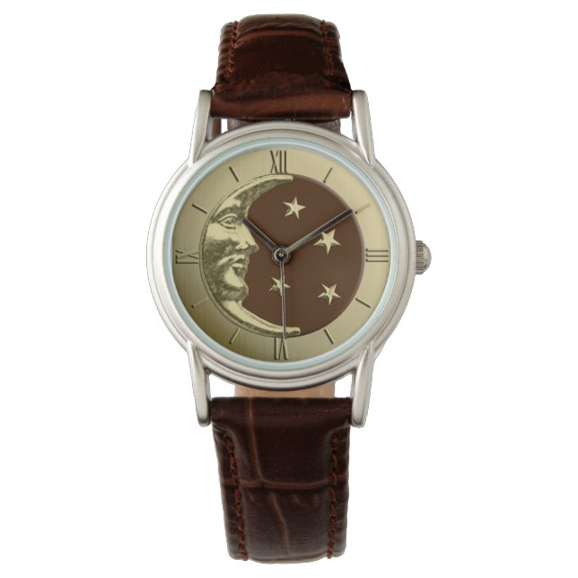 Montre Art Déco Lune et Étoiles - Chocolat Brown & Or (devant)