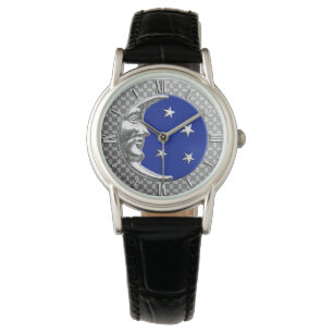 Montre Art Déco Lune et étoiles - Cobalt Bleu et Argent