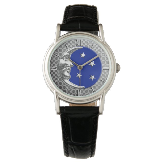 Montre Art Déco Lune et étoiles - Cobalt Bleu et Argent (devant)