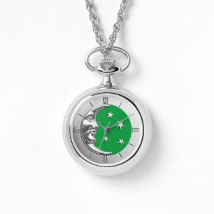 Montre Art Déco Lune et Etoiles - Jade Green et Argent
