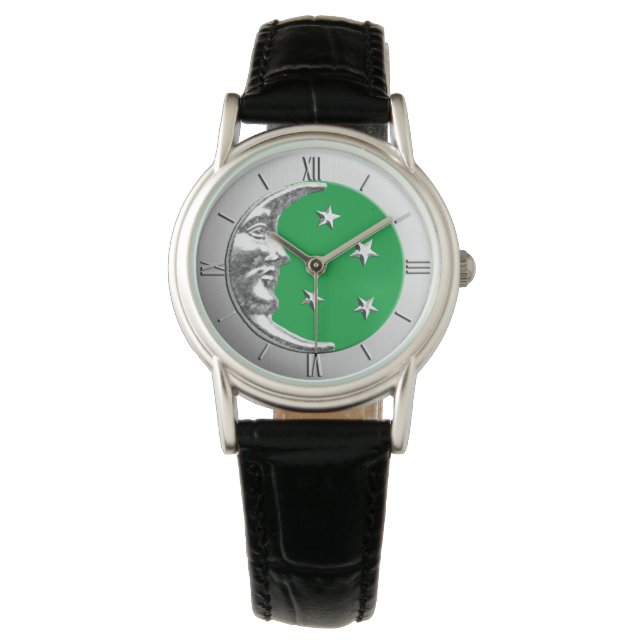 Montre Art Déco Lune et Etoiles - Jade Green et Argent (devant)