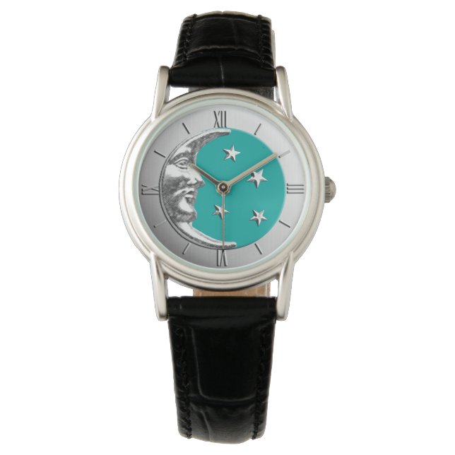 Montre Art Déco Lune et Etoiles - Turquoise & Argent (devant)