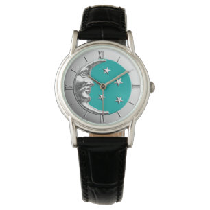 Montre Art Déco Lune et Etoiles - Turquoise & Argent