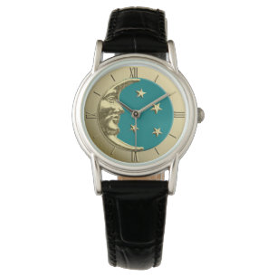 Montre Art Déco Lune et Etoiles - Turquoise et or