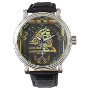 Montre art déco, or, noir, cru, rétro, élégant, chic,