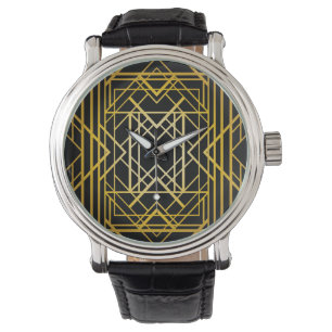 Montre art déco, or, noir, cru, rétro, élégant, chic,