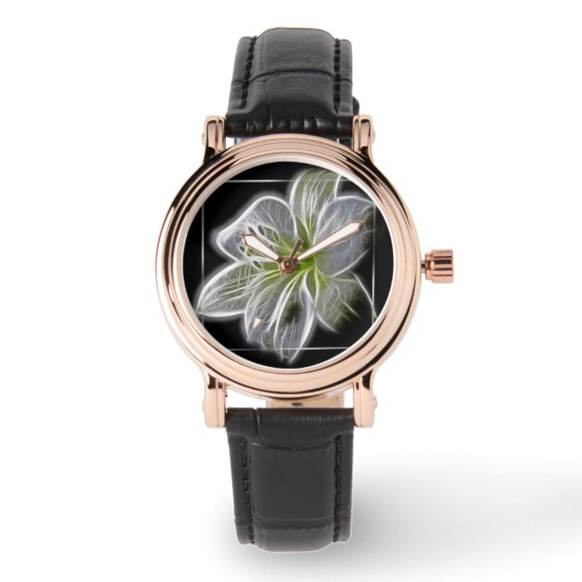 Montre Art fractal de lys blanc époustouflant noir (Recto)