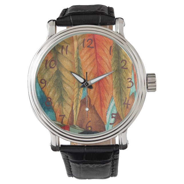 Montre art moderne feuille automne stylisé coloré (devant)