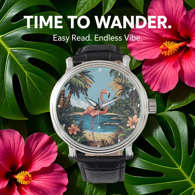 Montre Art mural de plage tropicale flamant rose (Créateur téléchargé)