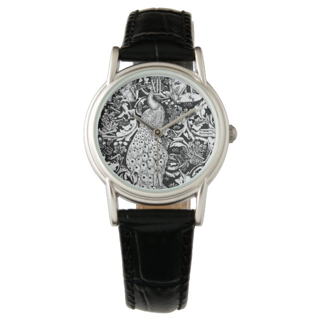 Montre Art Nouveau Peacock Print, noir et blanc (devant)