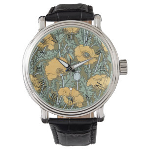 Montre Art Nouveau vintage, fleurs de pavot dans un jardi