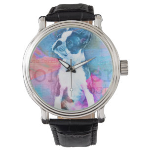 Montre Art numérique d'aquarelle Boston Terrier