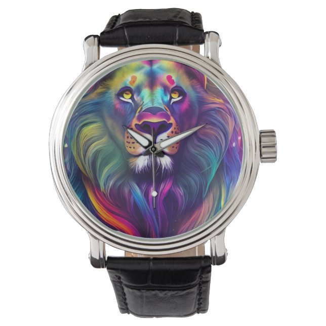 Montre Art numérique moderne multicolore Lion majestueux (devant)