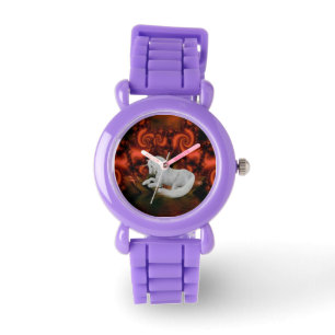 Montre Art rouge d'animal de fractales de licorne blanche