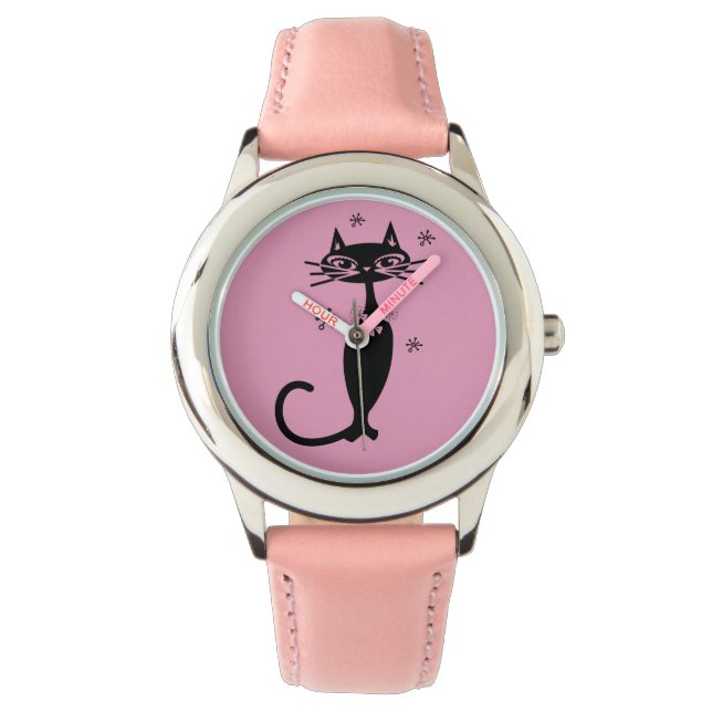 MONTRE ATOMIQUE CHAT NOIR ROSE RETRO WRIST WATT (devant)