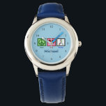 Montre Autisme bleu Enfants personnalisés<br><div class="desc">Un signe de paix,  un coeur et un ruban d'autisme pour la sensibilisation sur l'autisme des gens du spectre. Une jolie montre pour enfants en bleu personnalisée avec le nom d'un enfant.</div>