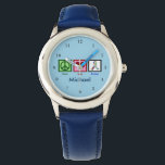 Montre Autisme bleu Enfants personnalisés<br><div class="desc">Un signe de paix,  un coeur et un ruban d'autisme pour la sensibilisation sur l'autisme des gens du spectre. Une jolie montre pour enfants en bleu personnalisée avec le nom d'un enfant.</div>