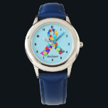 Montre Autisme Ruban bleu Enfants Personnalisés<br><div class="desc">Beau ruban autiste rempli de puzzle de toutes les couleurs de l'arc-en-ciel. Une jolie sensibilisation sur l'autisme personnalisée cadeau de montre pour enfants.</div>