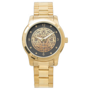 Montre Aztec Sun Calendar ~ Gold & Black ~ Mexico ~ ~ ~