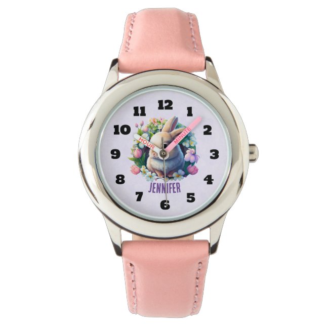 Montre Baby Bunny parmi les fleurs colorées de printemps (devant)