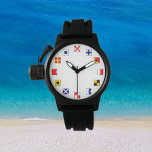 Montre Balises de voile couleur marine pour marins<br><div class="desc">Affiche les drapeaux nautiques pour les numéros de la montre visage. Les drapeaux sont utilisés pour la communication sur l'eau. Pour les marins,  les plaisanciers et les amateurs de nautisme. Cool. Fait un beau cadeau.</div>
