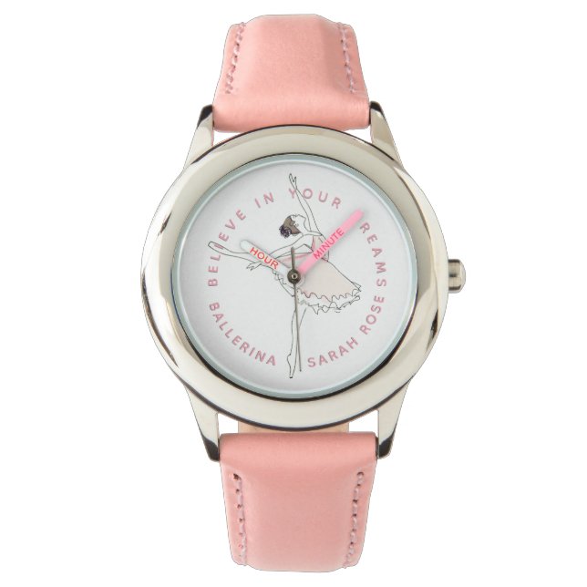 Montre Ballerina rose foncé Fille Nom personnalisé Rêves (devant)