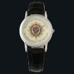 Montre Bande en cuir de Veille du Sacré-Coeur<br><div class="desc">Le Sacré Coeur de Jésus regarde.</div>