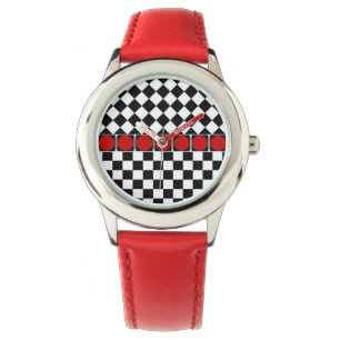 Montre Bande rouge des Black White Half Diamond Checkers