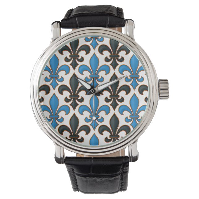 Montre Baroque Noir Bleu Motif de Fleur de Lis Design  (devant)