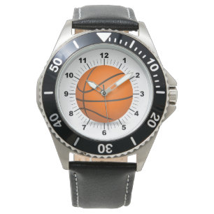 Montre Basket-ball homme acier bracelet en cuir noir