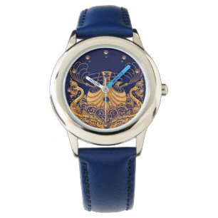 Montre Bateau antique, Dauphins, Or, Bleu marine Nautique