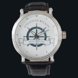 Montre Bateau personnalisé Capitaine Vintage roue nautiqu<br><div class="desc">Chic bateau sur mesure capitaine montre pour une croisière sur la plage sur l'océan avec un volant de bateau bleu marine. Cette montre à thème nautique est parfaite pour un timonier de navire. Personnalisez avec votre nom de famille ou autre texte.</div>