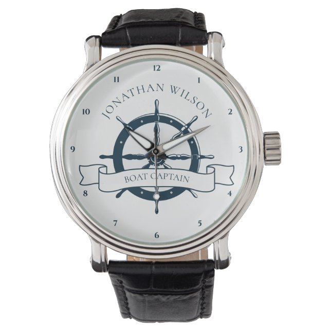 Montre Bateau personnalisé Capitaine Vintage roue nautiqu (devant)