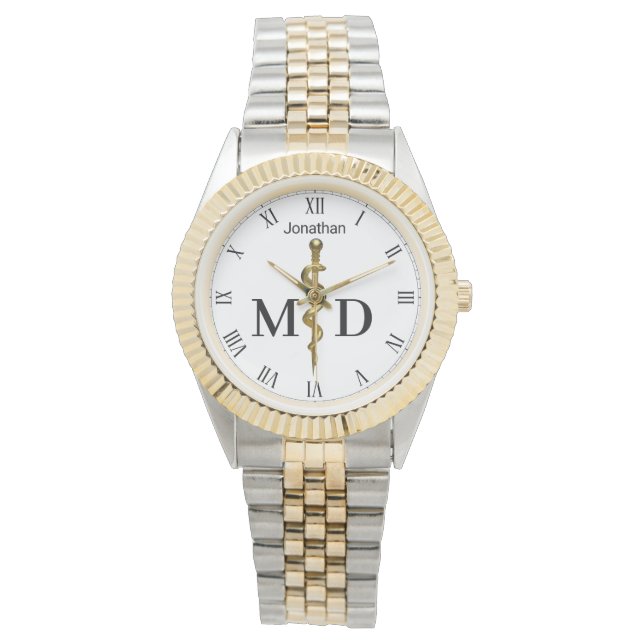 Montre Bâton d'Asclepius Or sur Blanc Médecin MD (devant)