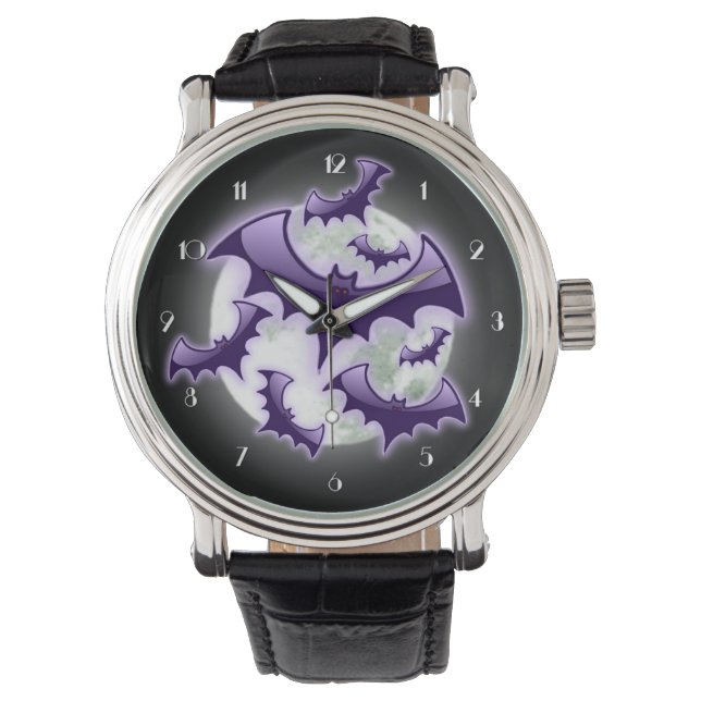 Montre Bats à Pleine lune violet et noire (devant)