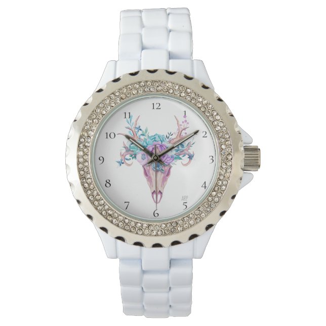 Montre *~* Beachy Skull Antlers Horn Boho Fleurs Tribal (devant)