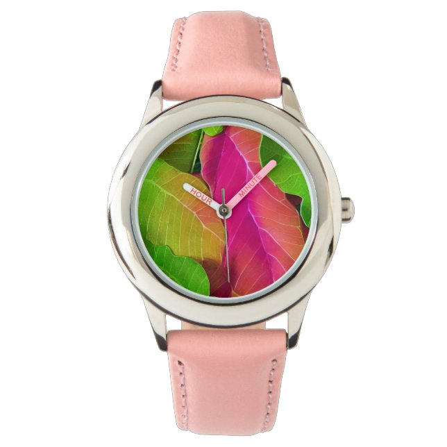 Montre Beau Motif vert et rose (devant)