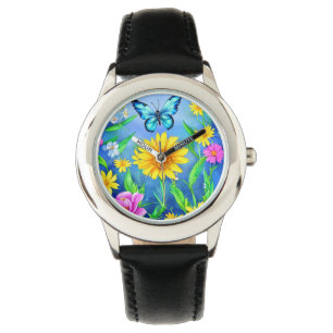 Montre Beau papillon bleu dans une prairie fleurie