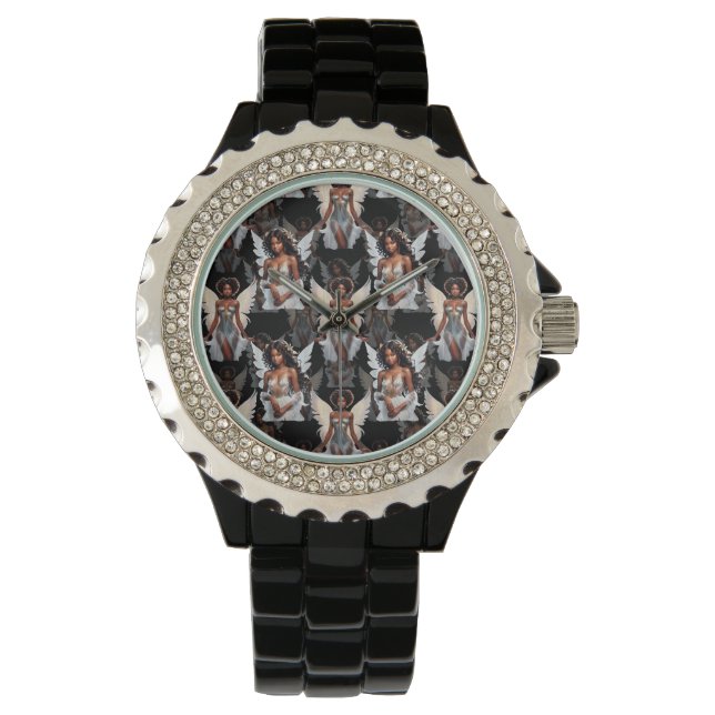 Montre Beautiful Black Girl Angels Pattern Design -Dark (devant)