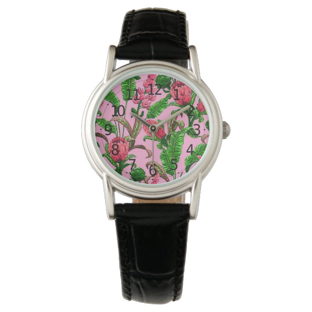 Montre Beaux Feuilles verts tropicaux aux fleurs rouges | (devant)