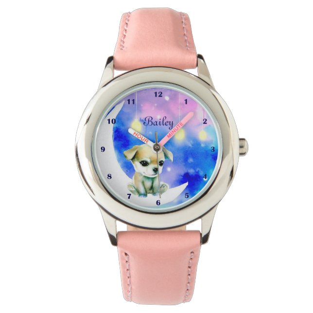 Montre Bébé mignon chien sur la lune Étoiles Aquarelle pe (devant)