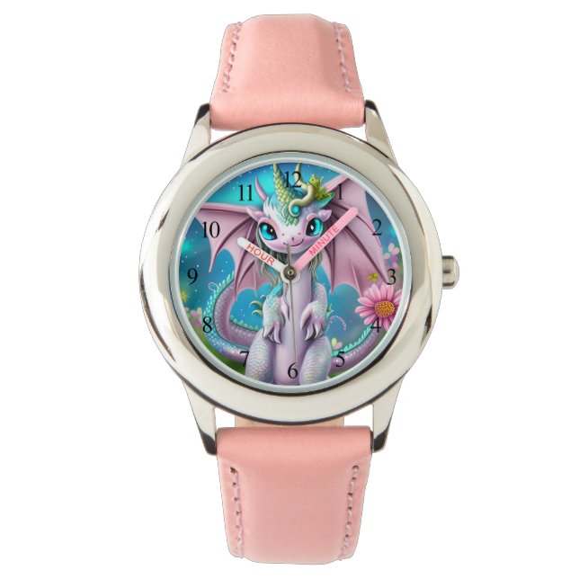 Montre Bébé mignon et souriant Dragon aux fleurs (devant)
